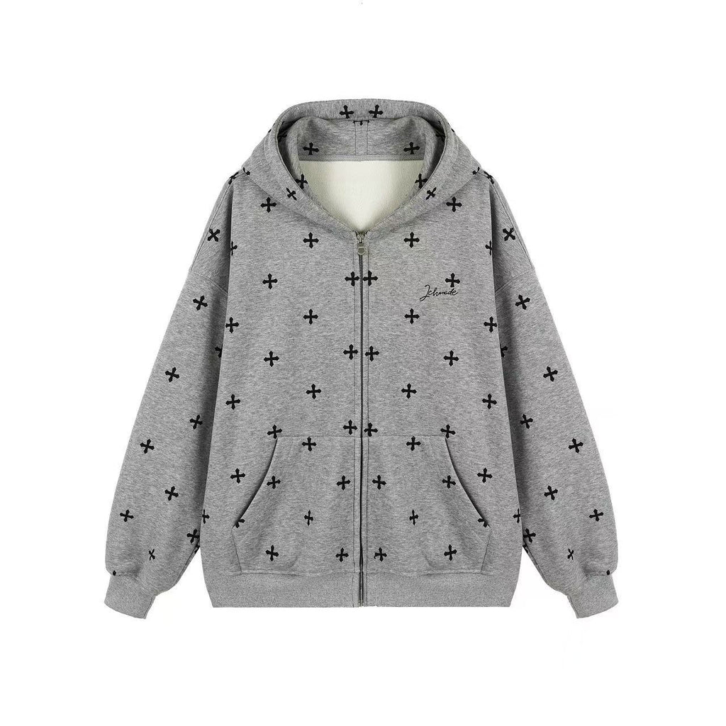 Women Oversized Hoodie, Allover Cross Print Hooded Sweatshirt
