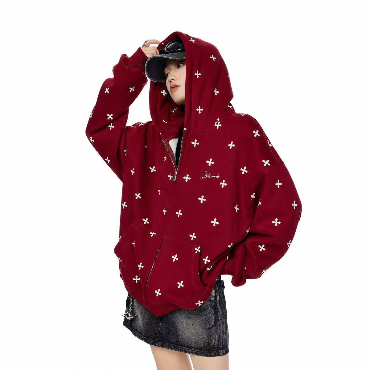 Women Oversized Hoodie, Allover Cross Print Hooded Sweatshirt