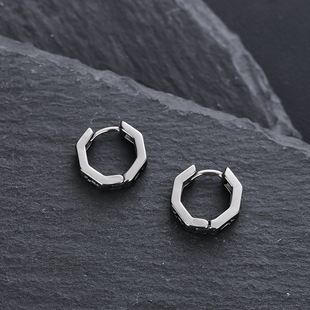 Unisex Titanium Steel Hoop Earrings with Cut-out Cross and Hexagonal Design