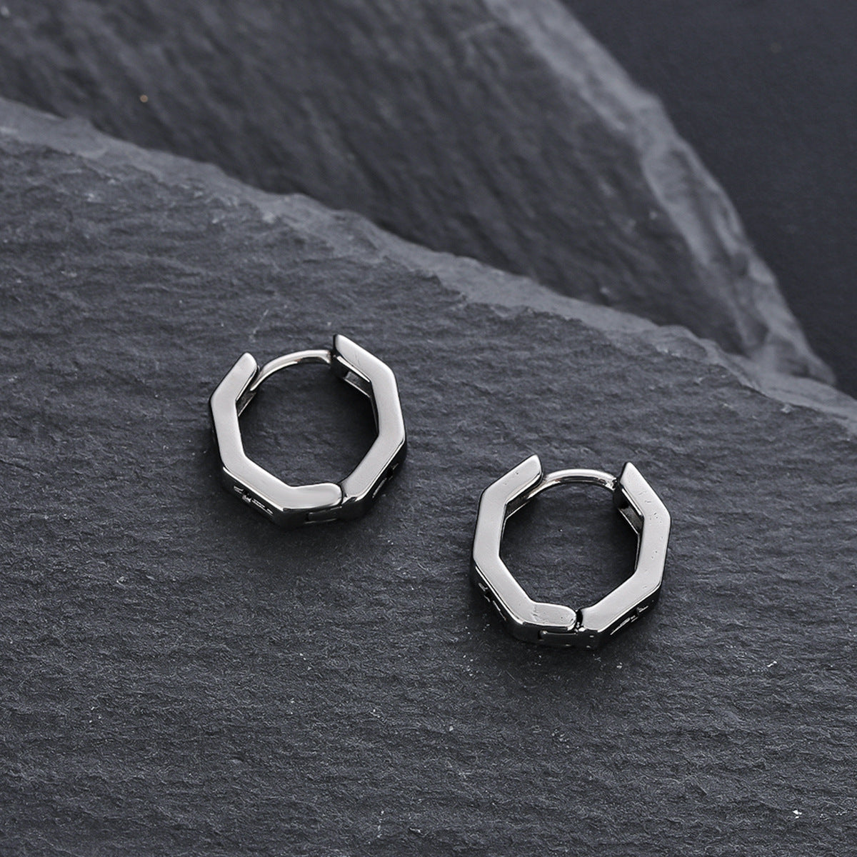 Unisex Titanium Steel Hoop Earrings with Cut-out Cross and Hexagonal Design