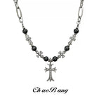 Chrome Hearts-style black bead and cross titanium steel necklace