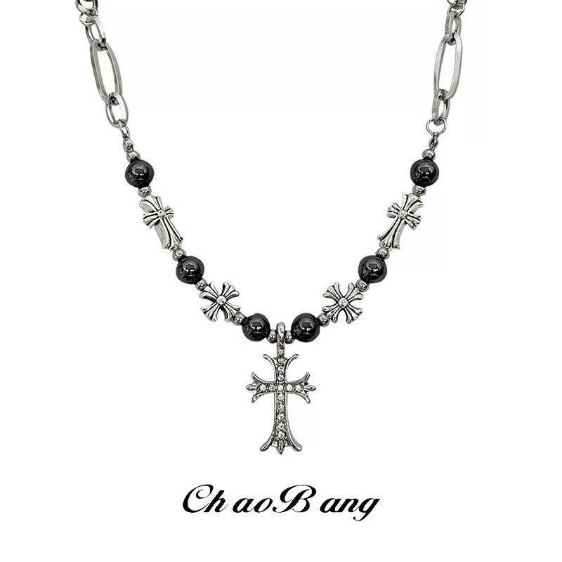 Chrome Hearts-style black bead and cross titanium steel necklace