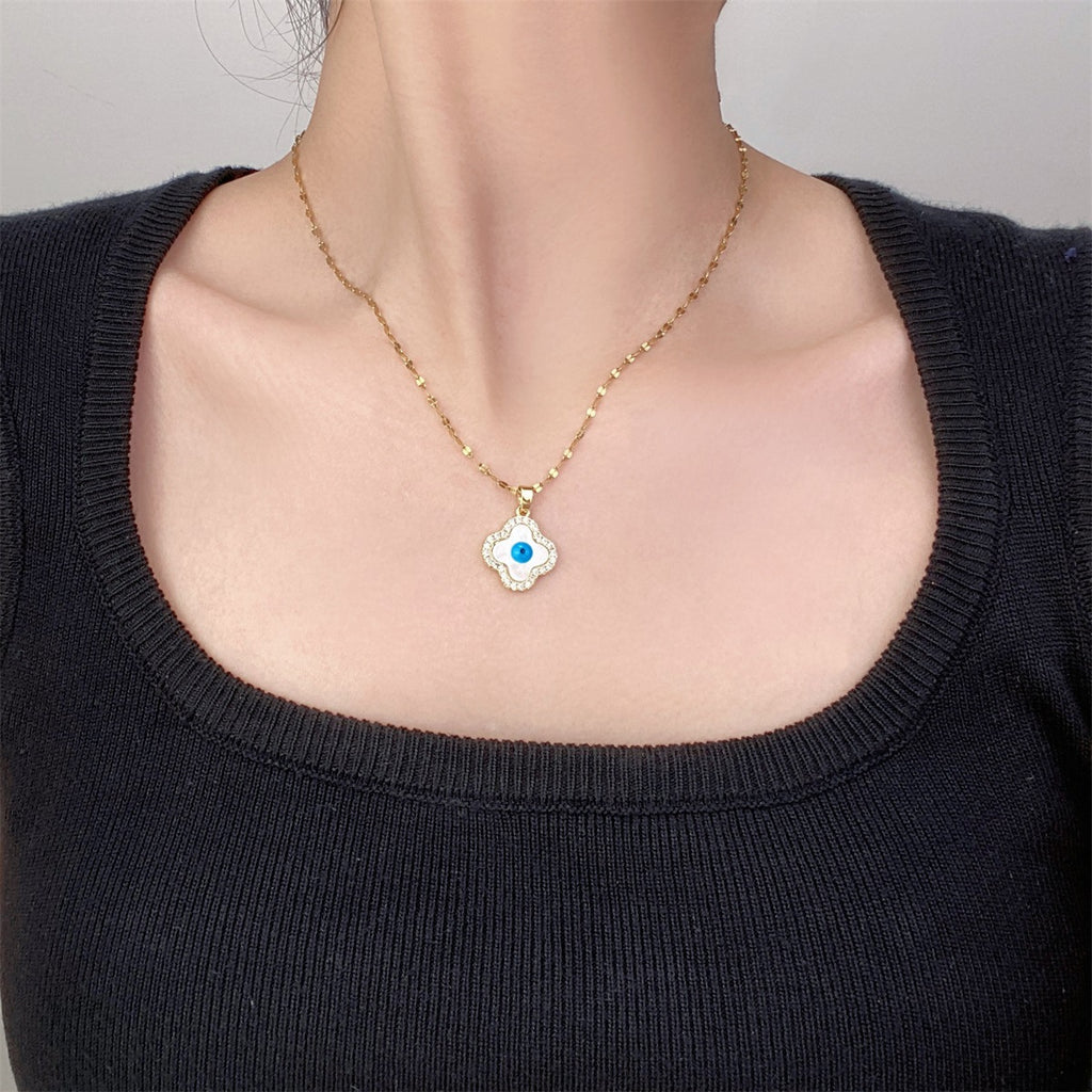 Four-Leaf Clover & Evil Eye Titanium Steel Necklace