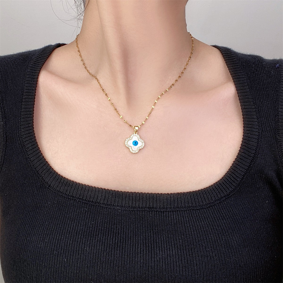 Four-Leaf Clover & Evil Eye Titanium Steel Necklace