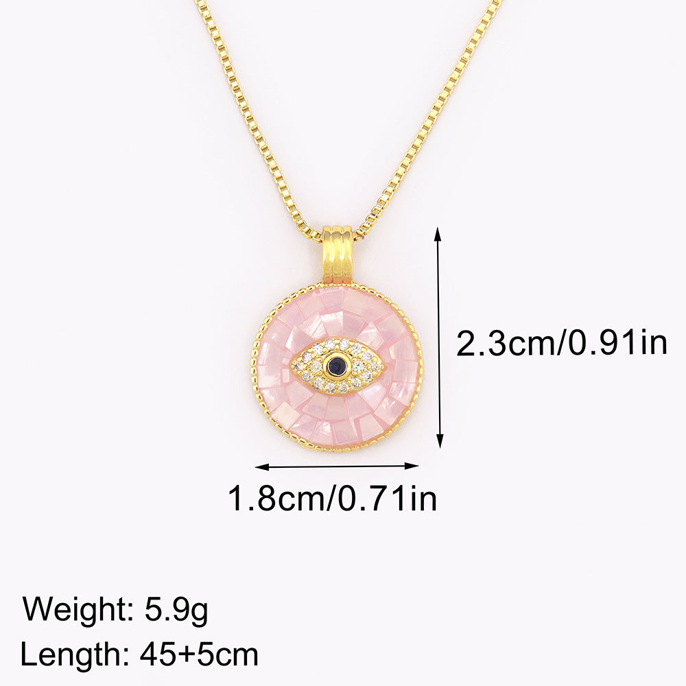 Natural Shell Inlay & Enamel Pink "Evil Eye" Necklace with Round Pendant