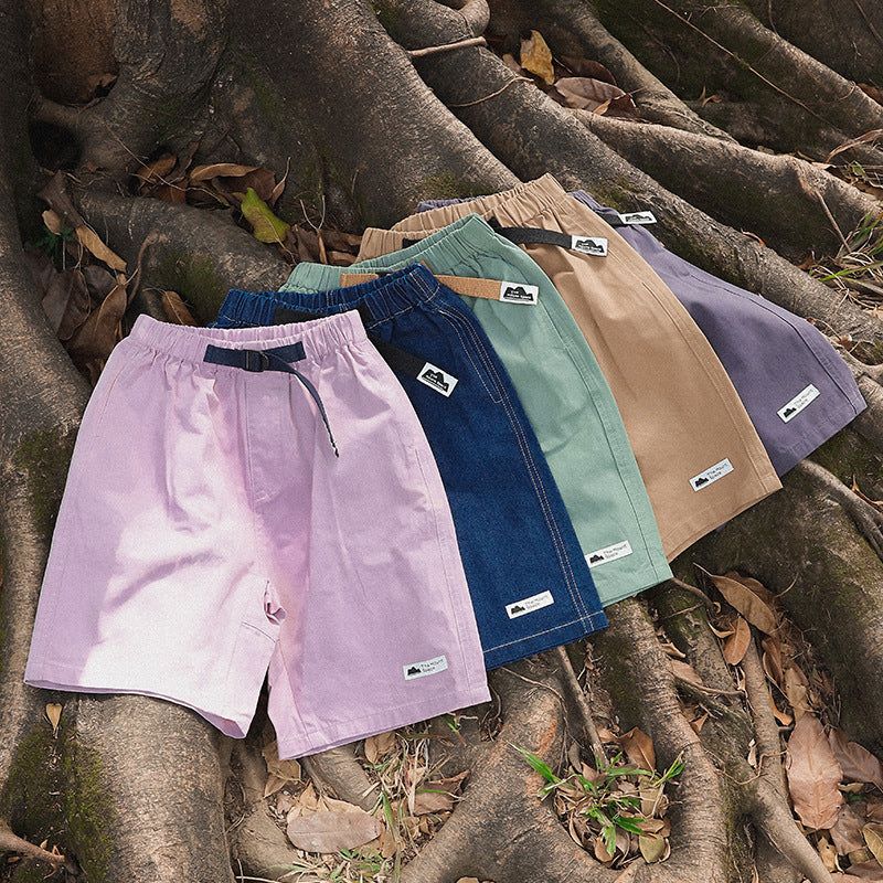 Mountain-Style Solid Color Cargo Shorts with Belt