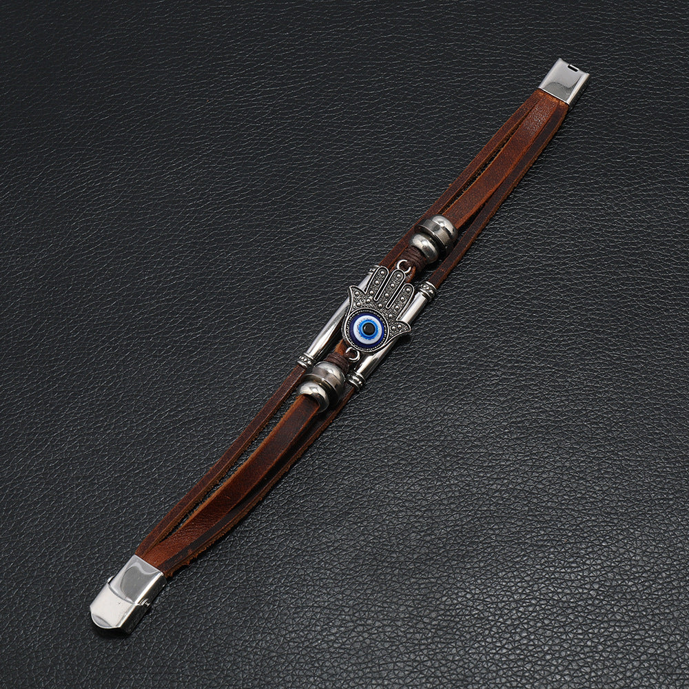 Leather cord stainless steel devil eye bracelet