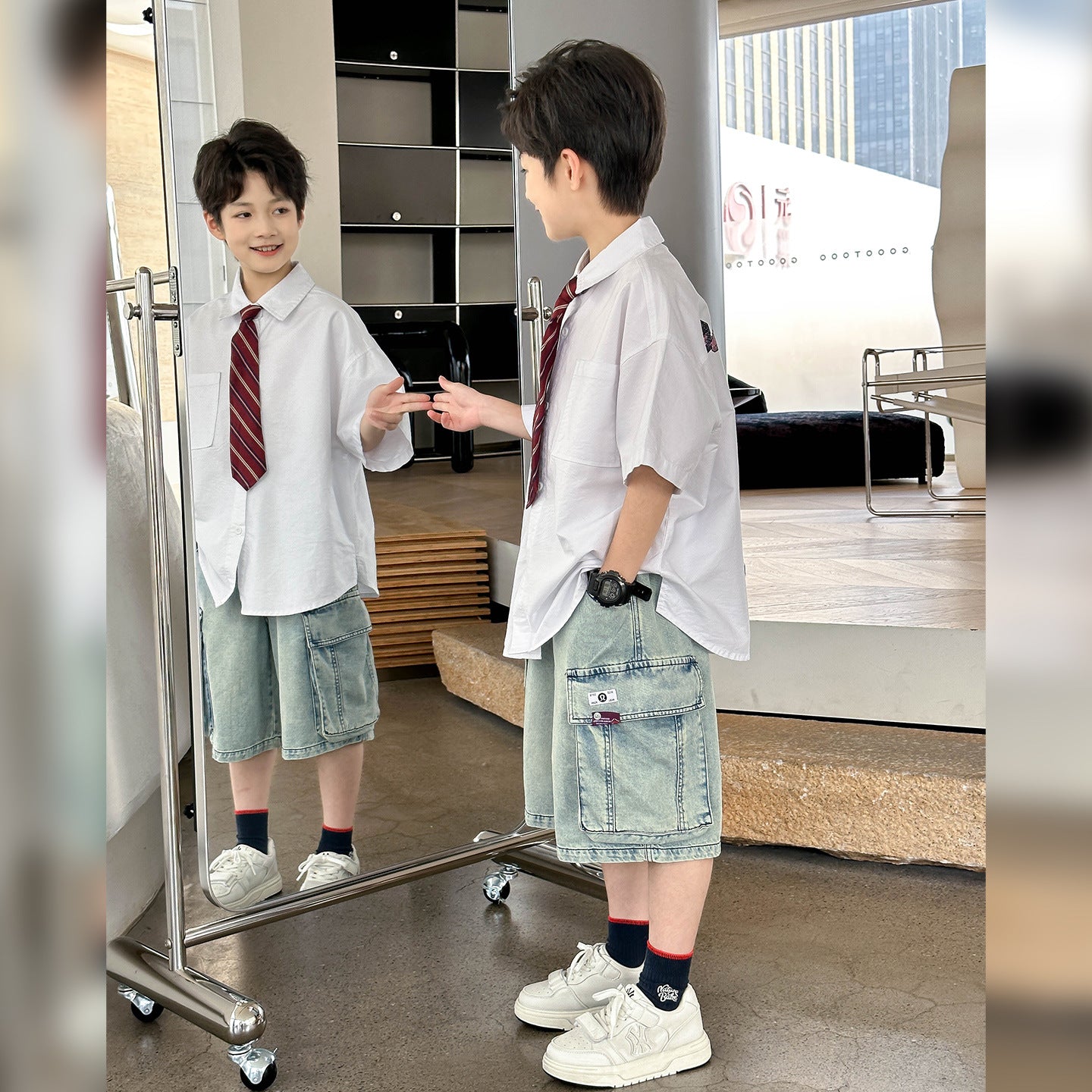 Kids Shirt with Tie & Large Pocket Jeans 2-Piece Set
