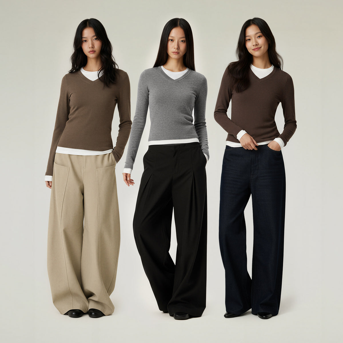 Women's Two-piece look V-neck contrast color top