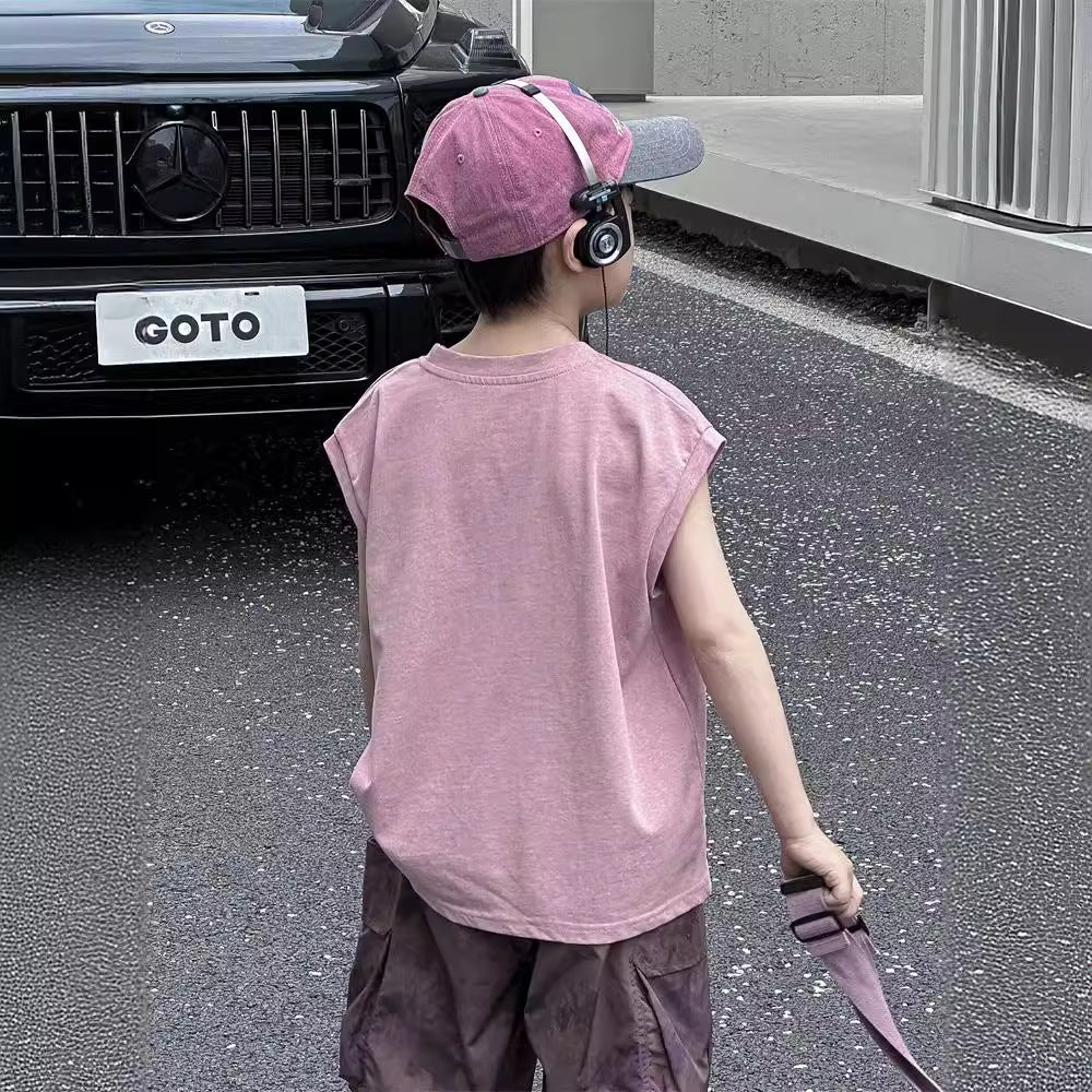 Dopamine Pink Class A Cotton Boys Summer Sleeveless Vest