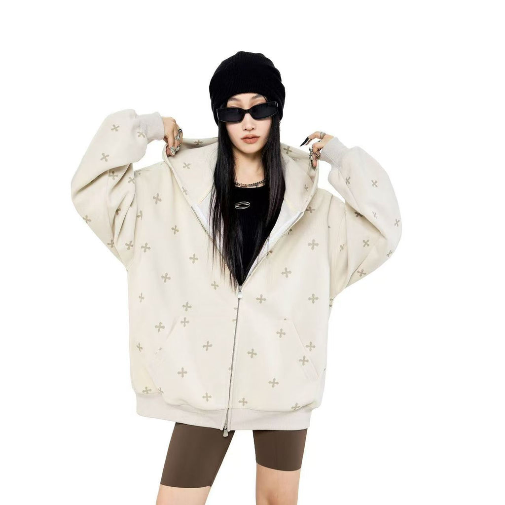 Women Oversized Hoodie, Allover Cross Print Hooded Sweatshirt