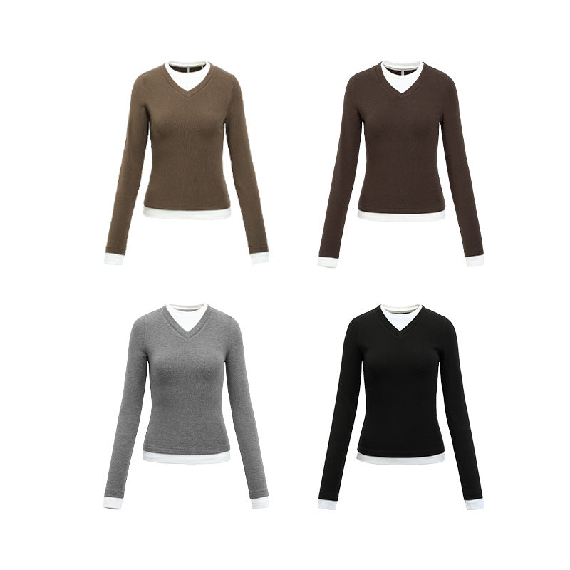 Women's Two-piece look V-neck contrast color top