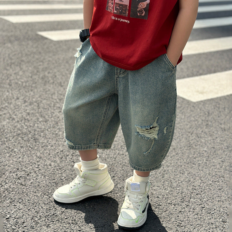 Boys Summer Thin Ripped Denim 7" Pants