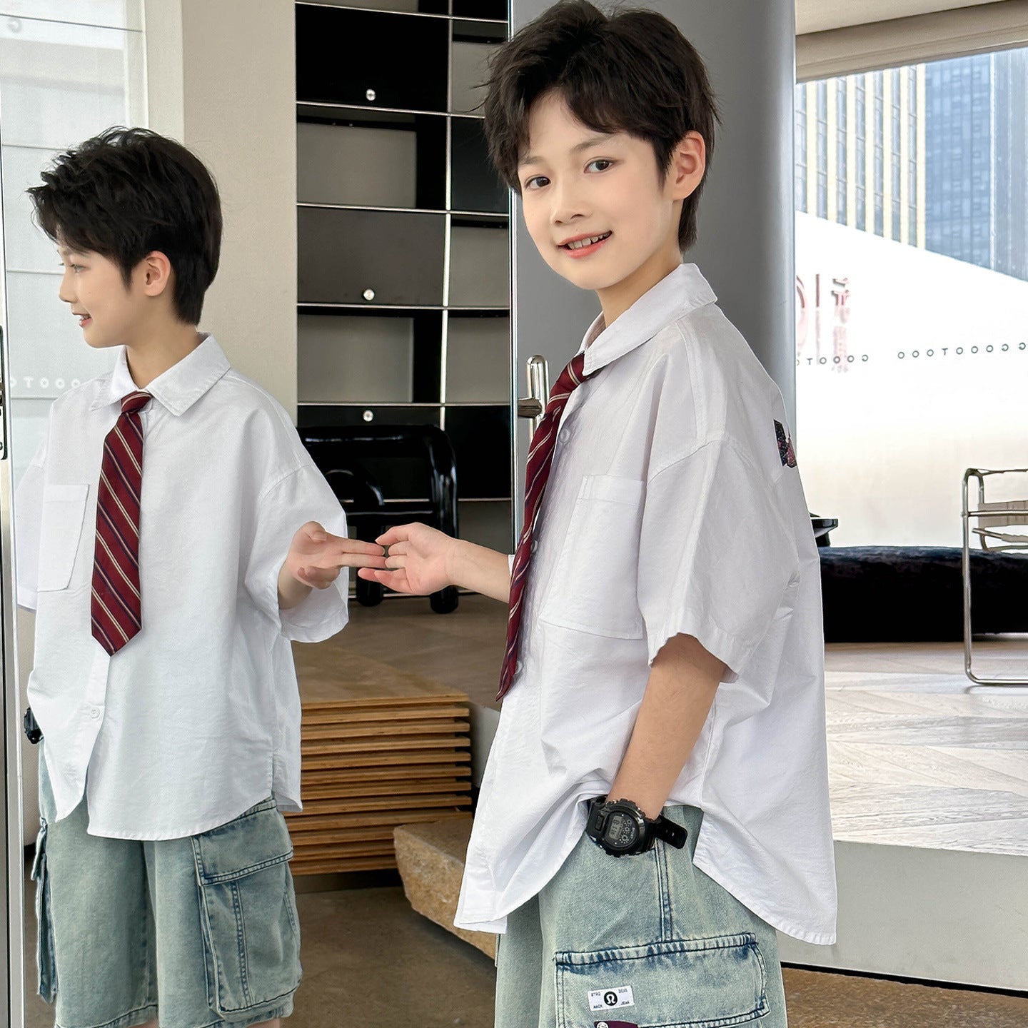 Kids Large Pocket Jeans Matching Outfit with Tie Shirt