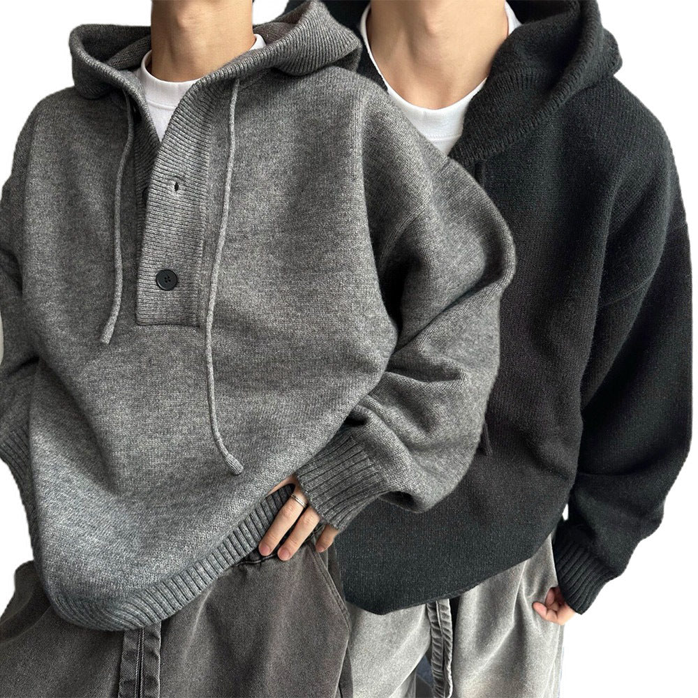 Men's Fall Winter Solid Color Hooded American-Style Loose Fit Knit Hoodie