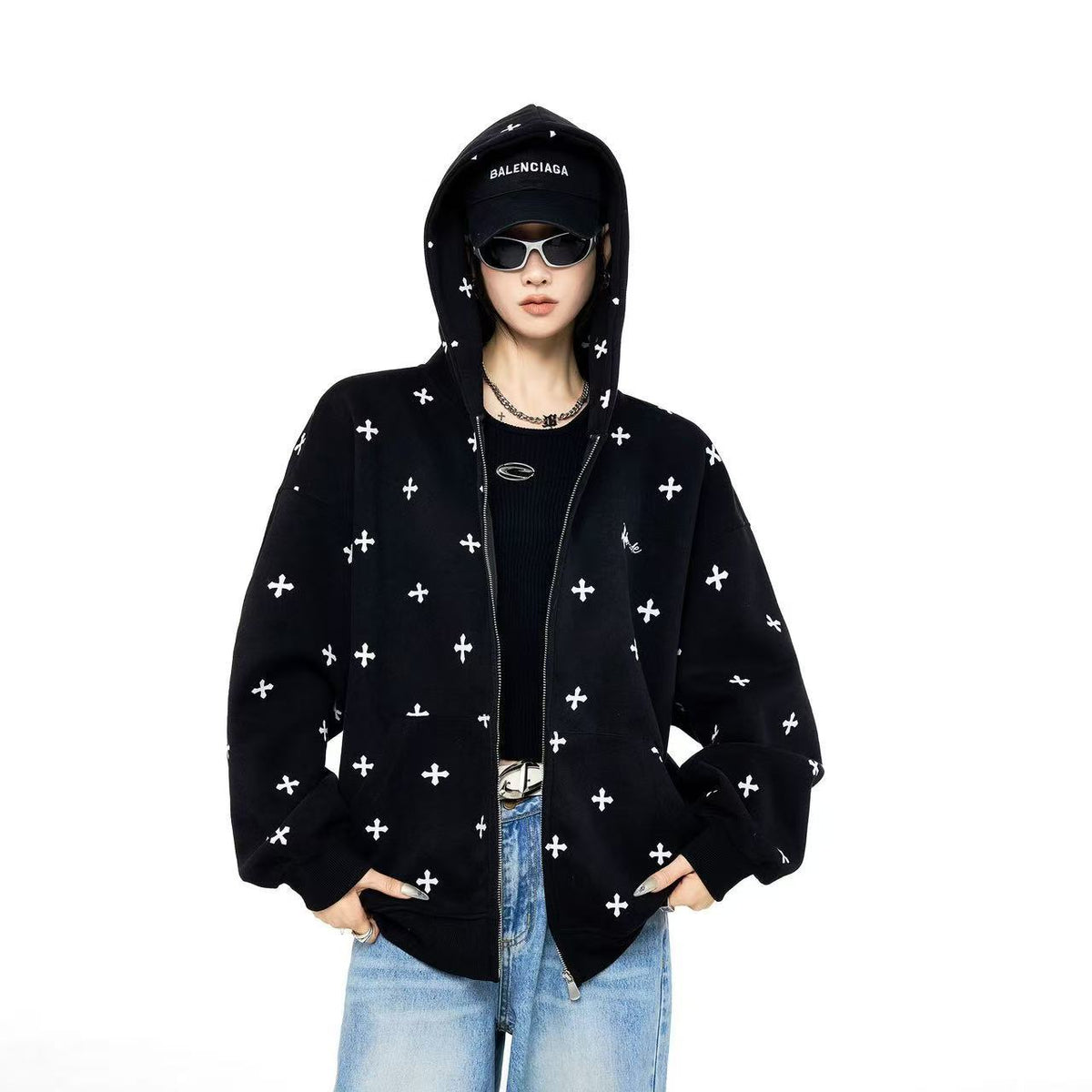Women Oversized Hoodie, Allover Cross Print Hooded Sweatshirt