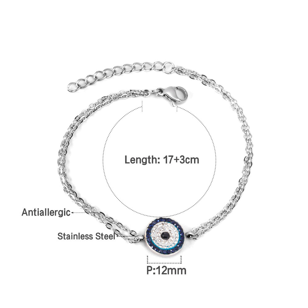 Mixed-color diamond-encrusted evil eye bracelet, stainless steel jewelry