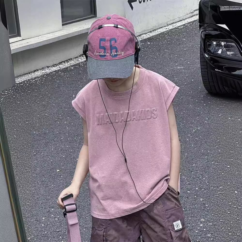 Dopamine Pink Class A Cotton Boys Summer Sleeveless Vest