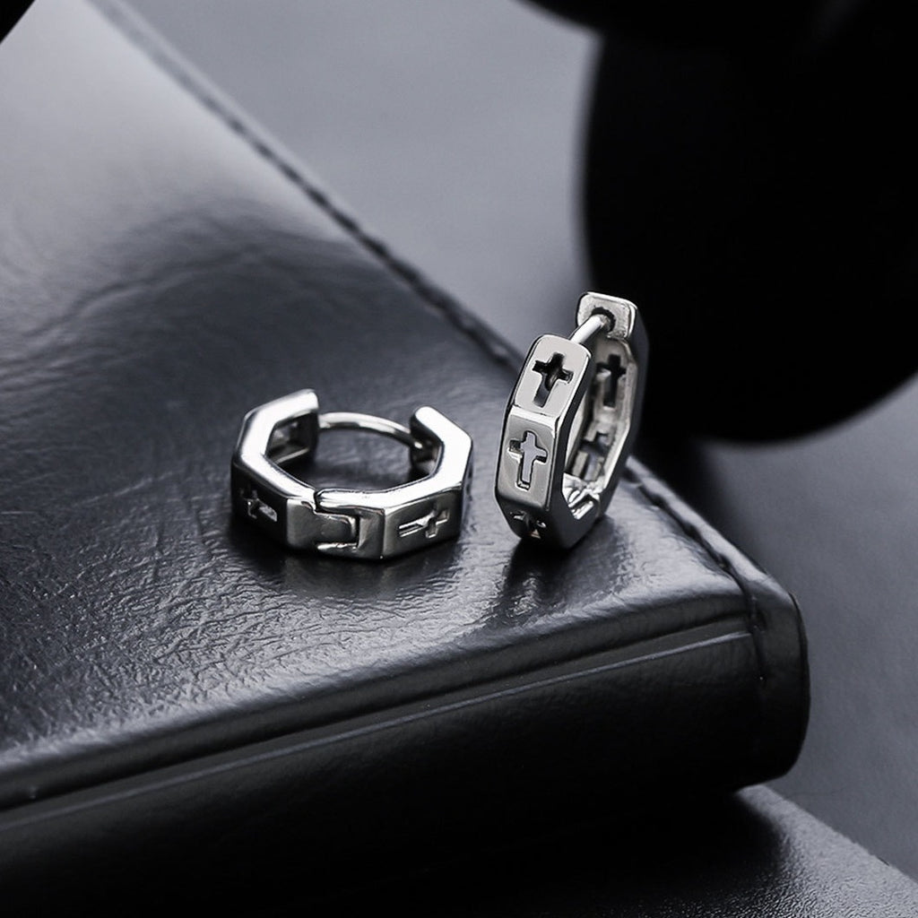 Unisex Titanium Steel Hoop Earrings with Cut-out Cross and Hexagonal Design