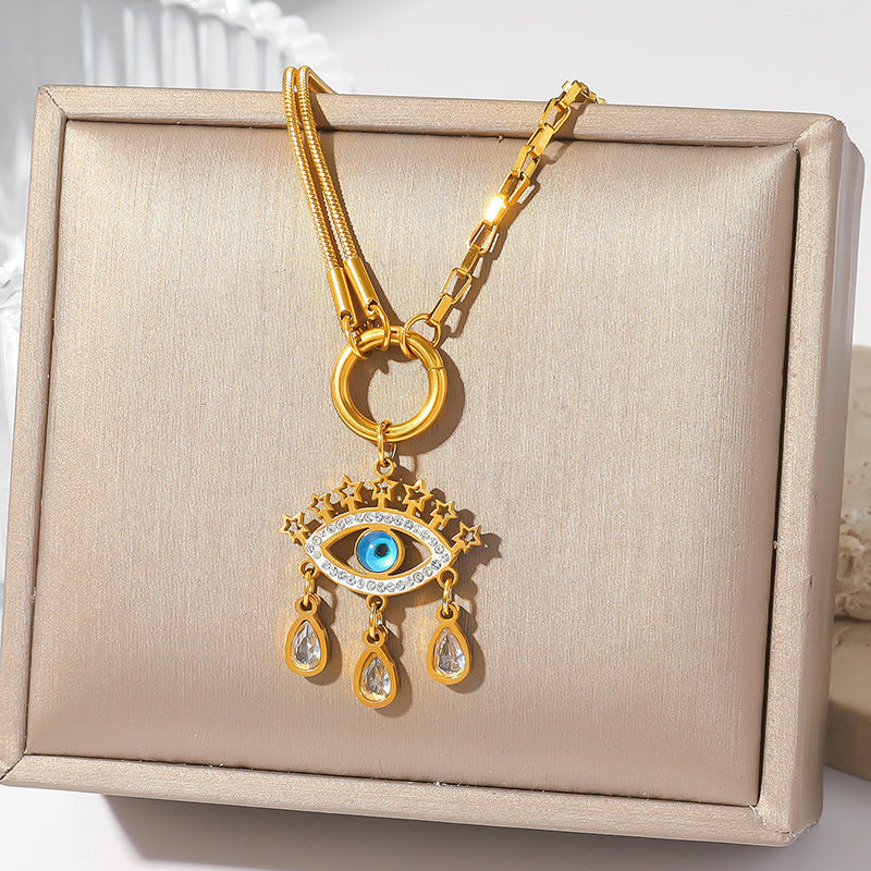 Stainless steel diamond-encrusted evil eye necklace
