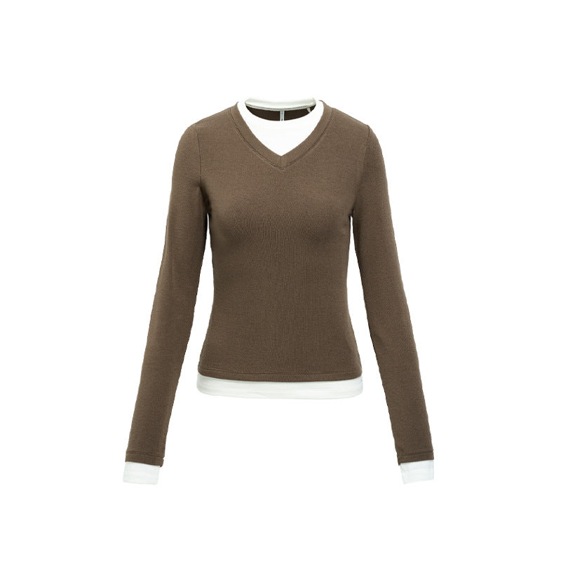 Women's Two-piece look V-neck contrast color top