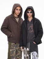 Faux two-piece fleece-lined street style short wide hooded cotton jacket for men