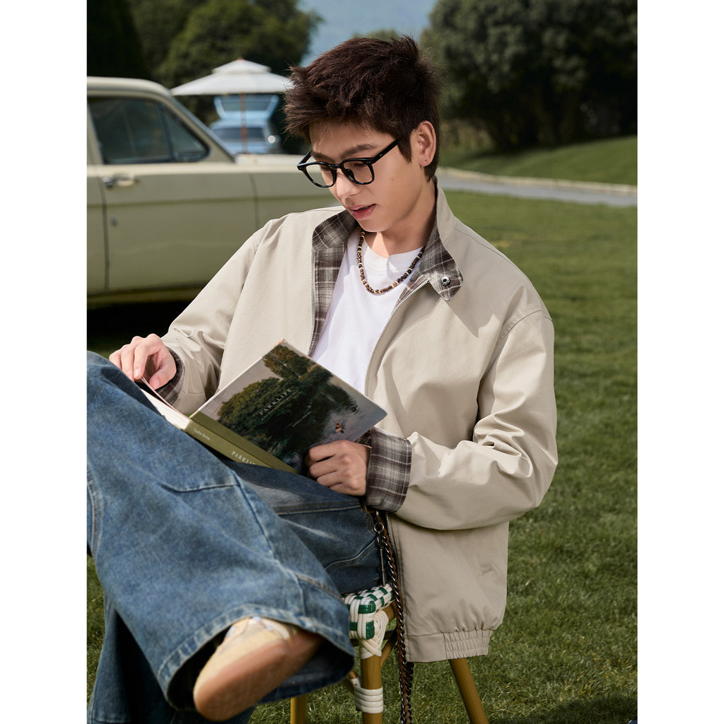 Double-sided retro plaid Harrington tooling jacket men's autumn trendy brand casual stand-up collar loose sports jacket