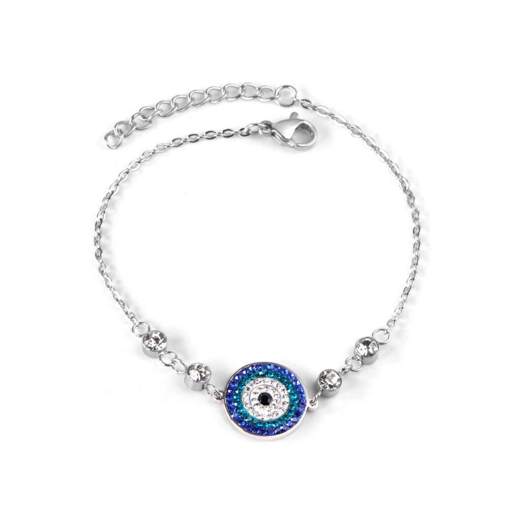 Mixed-color diamond-encrusted evil eye bracelet, stainless steel jewelry
