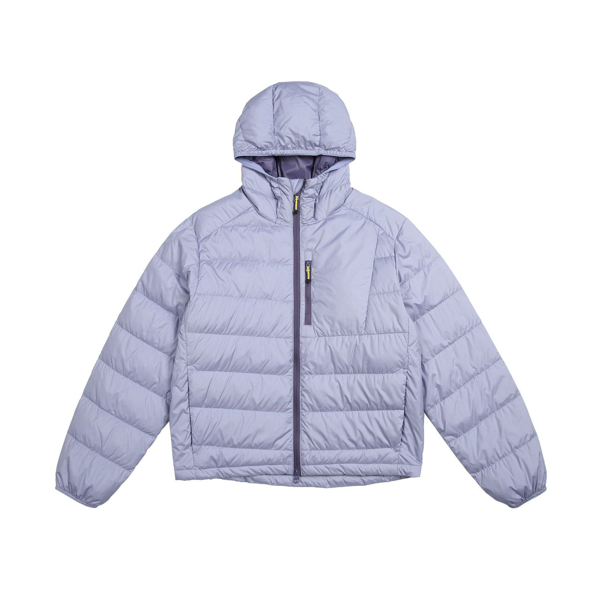 Lightweight contrasting color hooded down jacket