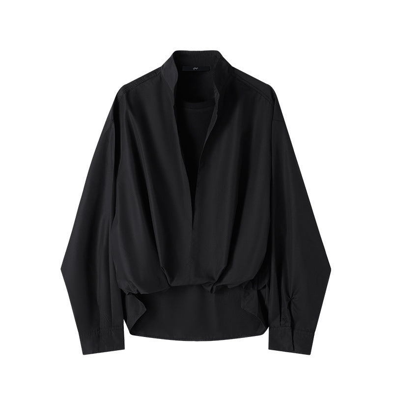 Black V-neck fake two-piece long-sleeved shirt, new in autumn.