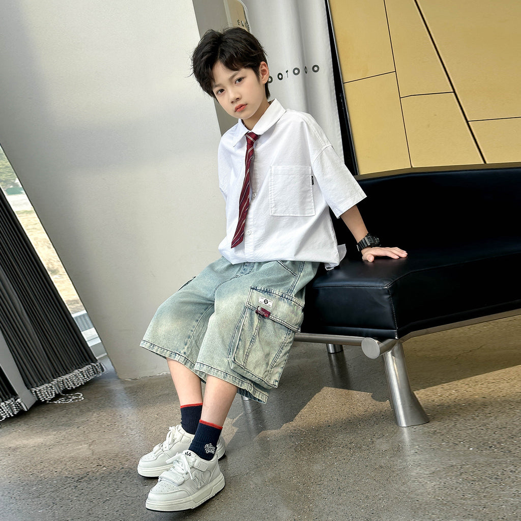 Kids Large Pocket Jeans Matching Outfit with Tie Shirt