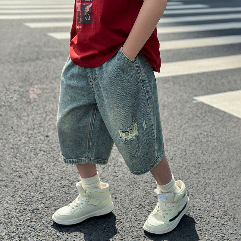 Boys Summer Thin Ripped Denim 7" Pants