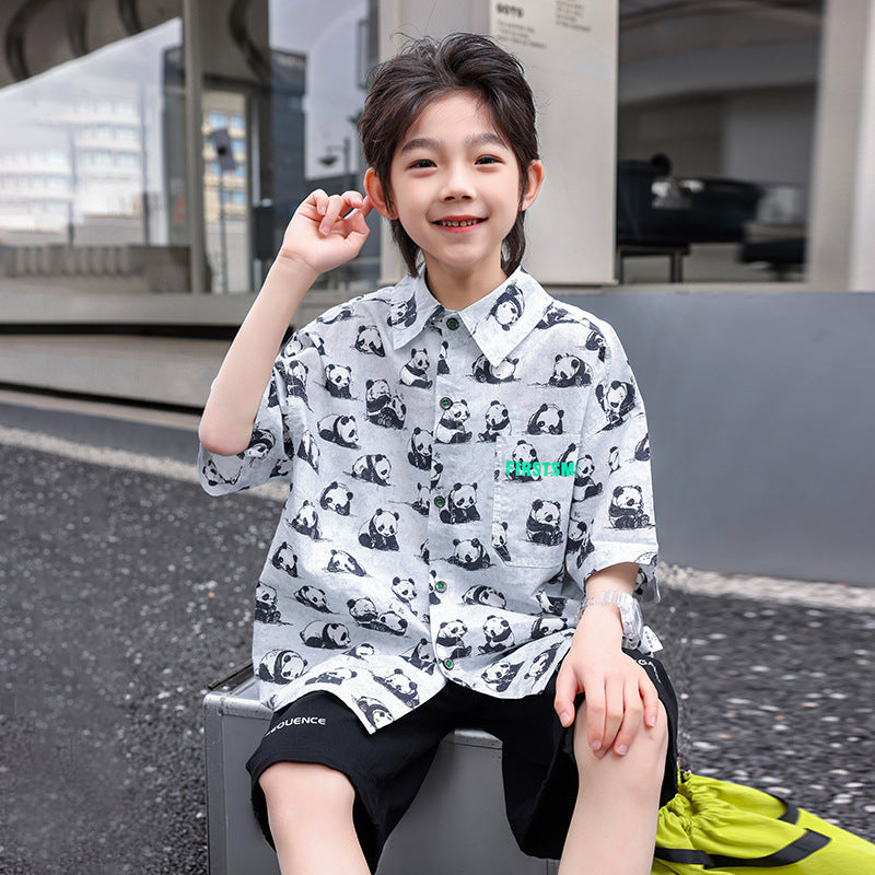 Boys' Pure Cotton Short-Sleeve Panda Shirt
