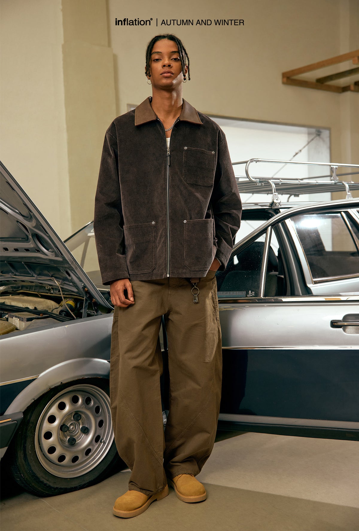 Men's Asut Dyed Curved Workwear Pants, Fall Cotton Vintage Boxy Fit Casual Trousers