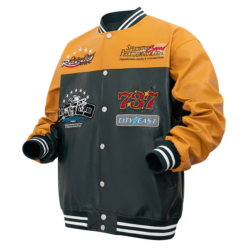 Men's loose PU leather baseball jacket | Cross-border European and American locomotive style faux leather cardigan jacket, motorcycle riding trendy and cool top