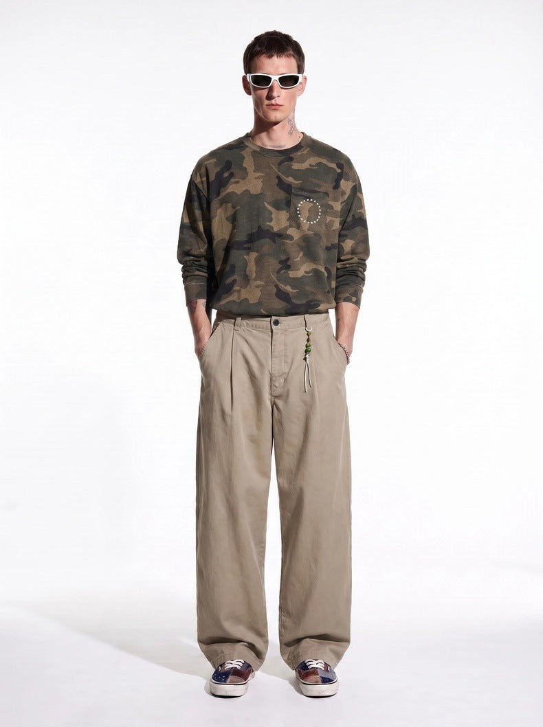 Washed Cotton Casual Straight-Leg Trousers