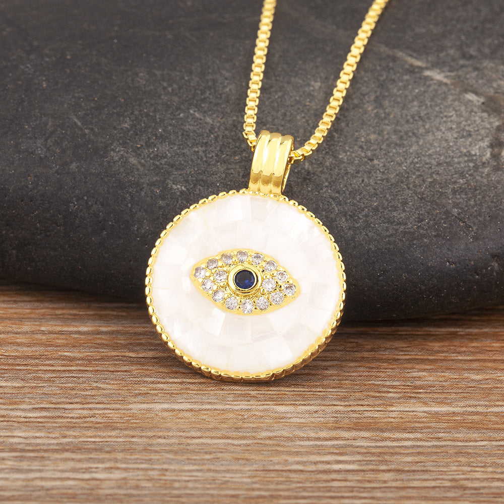 Natural Shell Inlay & Enamel Pink "Evil Eye" Necklace with Round Pendant