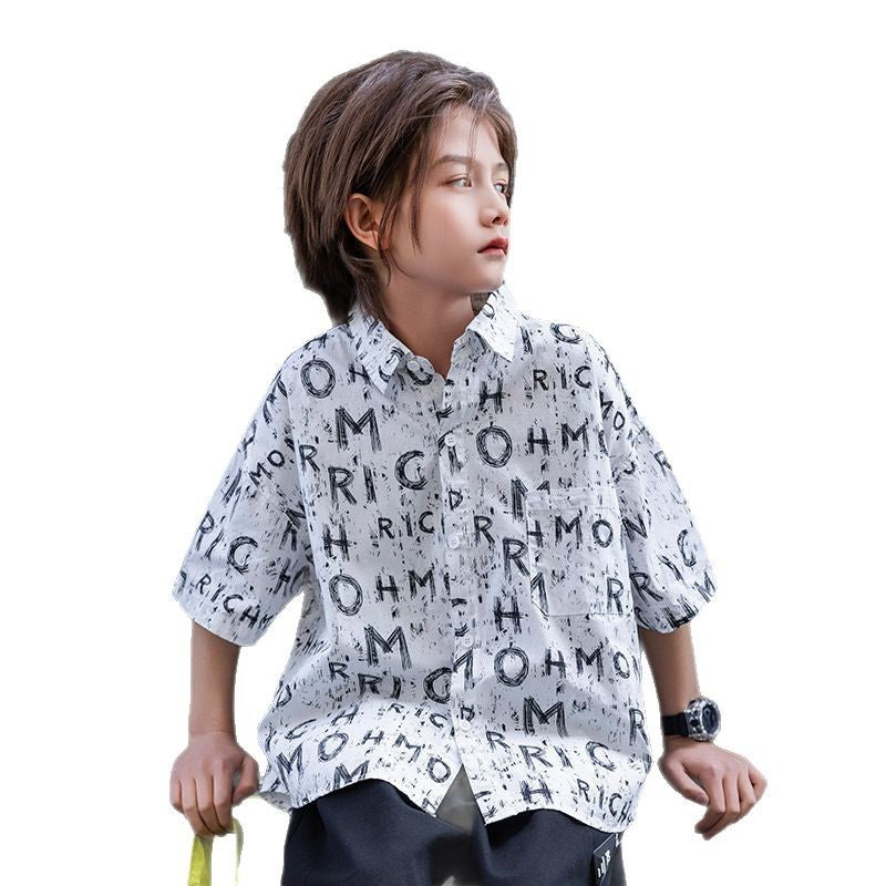 Boys' All-Over Letter Print Short-Sleeve Cotton Shirt