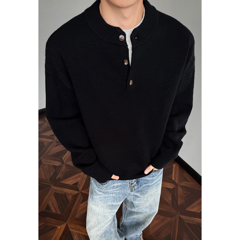 Men's Fall Winter Streetwear Henley Neck Loose Heavyweight Knit Sweater Jacket