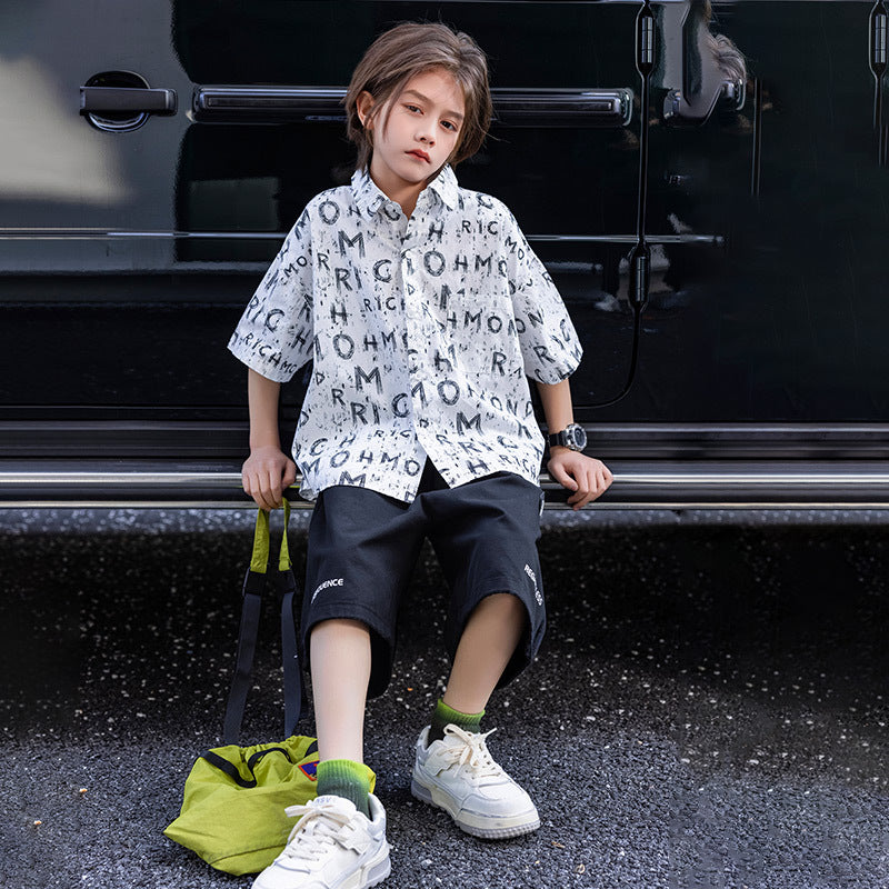 Boys' All-Over Letter Print Short-Sleeve Cotton Shirt