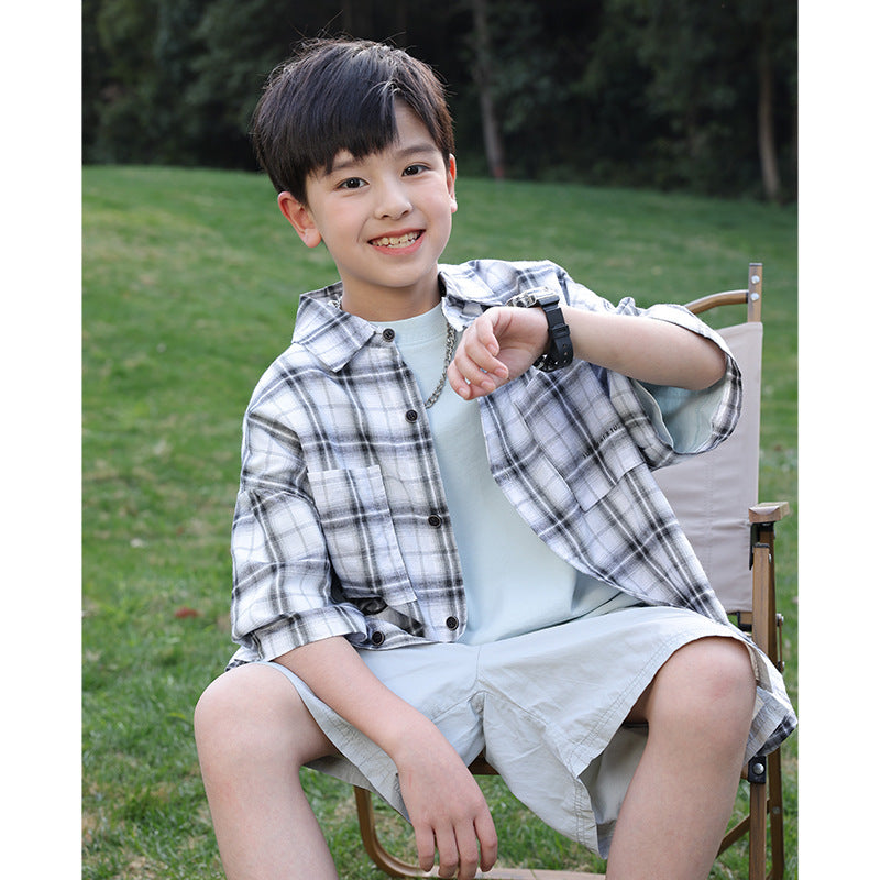 Boys' short-sleeve plaid shirt 100% cotton