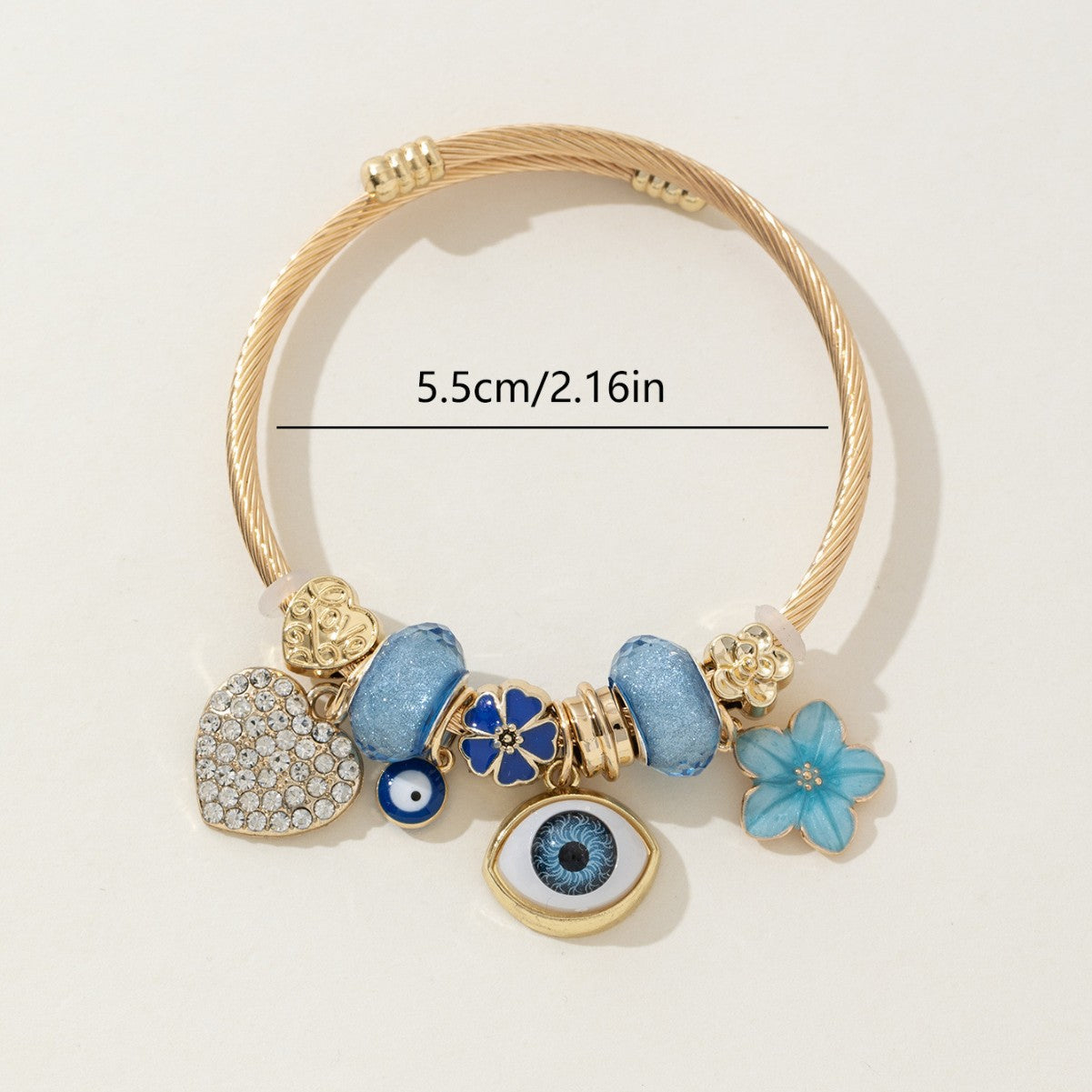 DIY Beaded Evil Eye Bracelet with Blue Rhinestones, Hearts, and Flowers