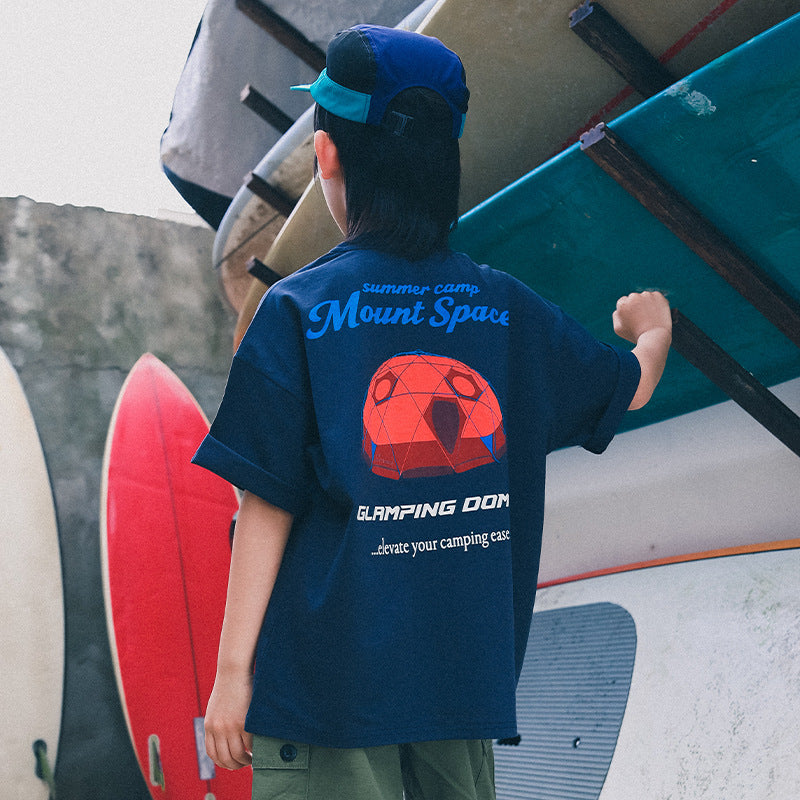 Boys Mountain Style Camping Tent Print Short Sleeve T-shirt