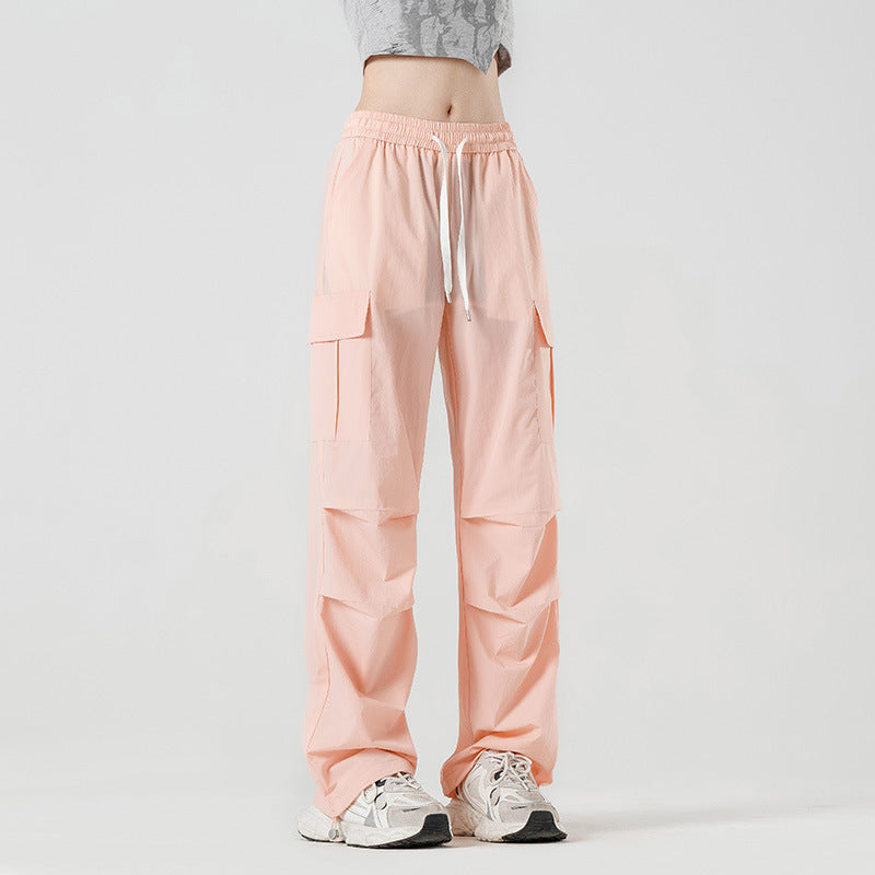 Unisex UPF50+ Ice‑Silk Wide Leg Cargo Pants, Water‑Repellent Quick‑Dry Drapy Summer Paratrooper Trousers
