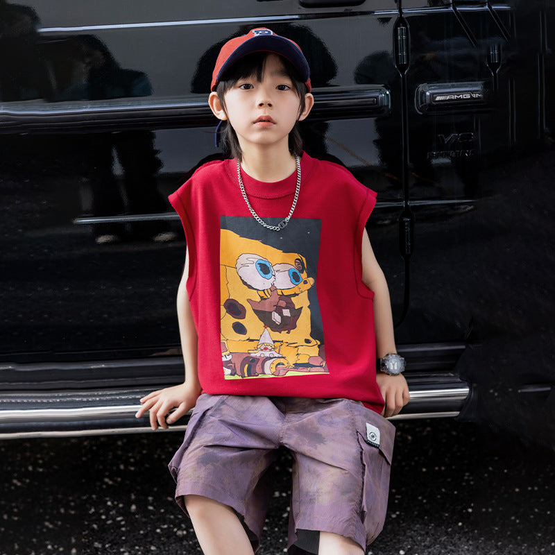 Boys Cartoon Print Cotton Sleeveless Vest