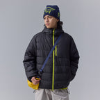 Lightweight contrasting color hooded down jacket