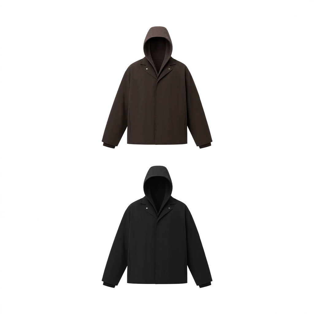 Faux two-piece fleece-lined street style short wide hooded cotton jacket for men