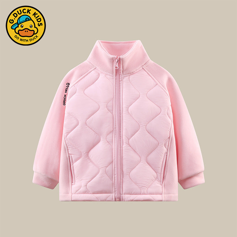 Small and medium-sized children's simple solid-color cotton clothes, boys' thickened wool liner high-necked zipper, green/pink/black warm children's clothing