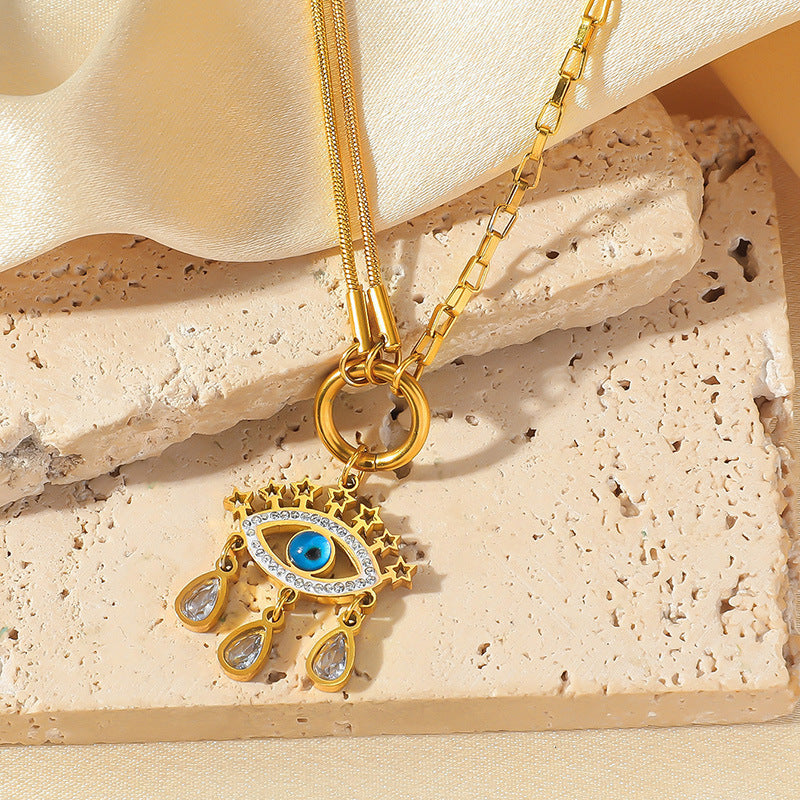 Stainless steel diamond-encrusted evil eye necklace