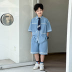 Boys Thin Short Sleeve Denim Casual 2-Piece Set, Kids Summer Outfit